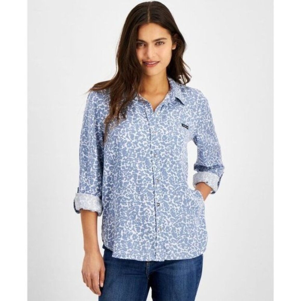 AM-2472 Calvin Klein Jeans Petite Cheetah Print Shirt Blue Size LP